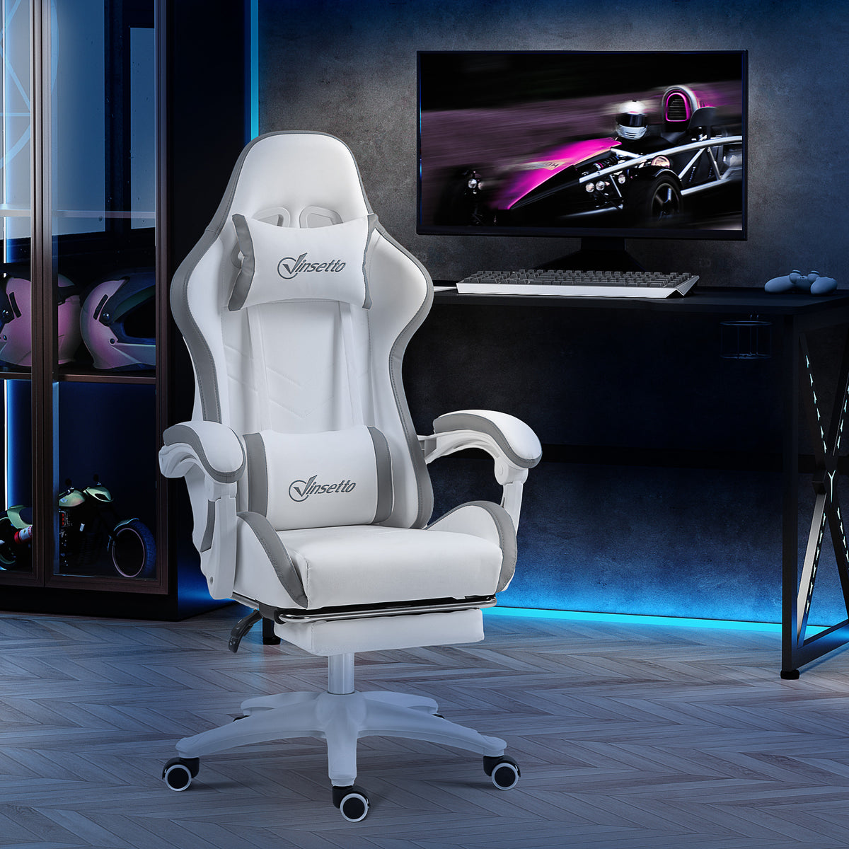 Computer Gaming Chair, PU Leather Desk Chair with Footrest, Swivel Task Chair with 135° Reclining Back and Lumbar Support, PC Chair for Adults, White and Grey