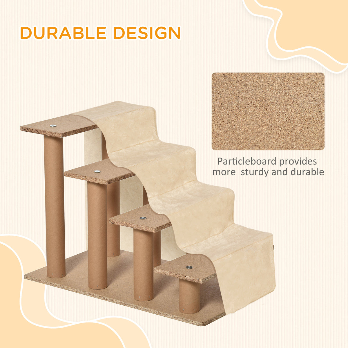 Four-Step Dog Stairs, with Washable Plush Cover, for High Bed Sofa, Dog Stairs for Small Dog and Cat - Beige