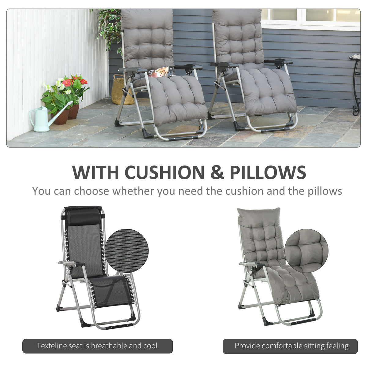 2pc Reclining Zero Gravity Sun Loungers, Folding Chaise Lounge Chair with Cushions