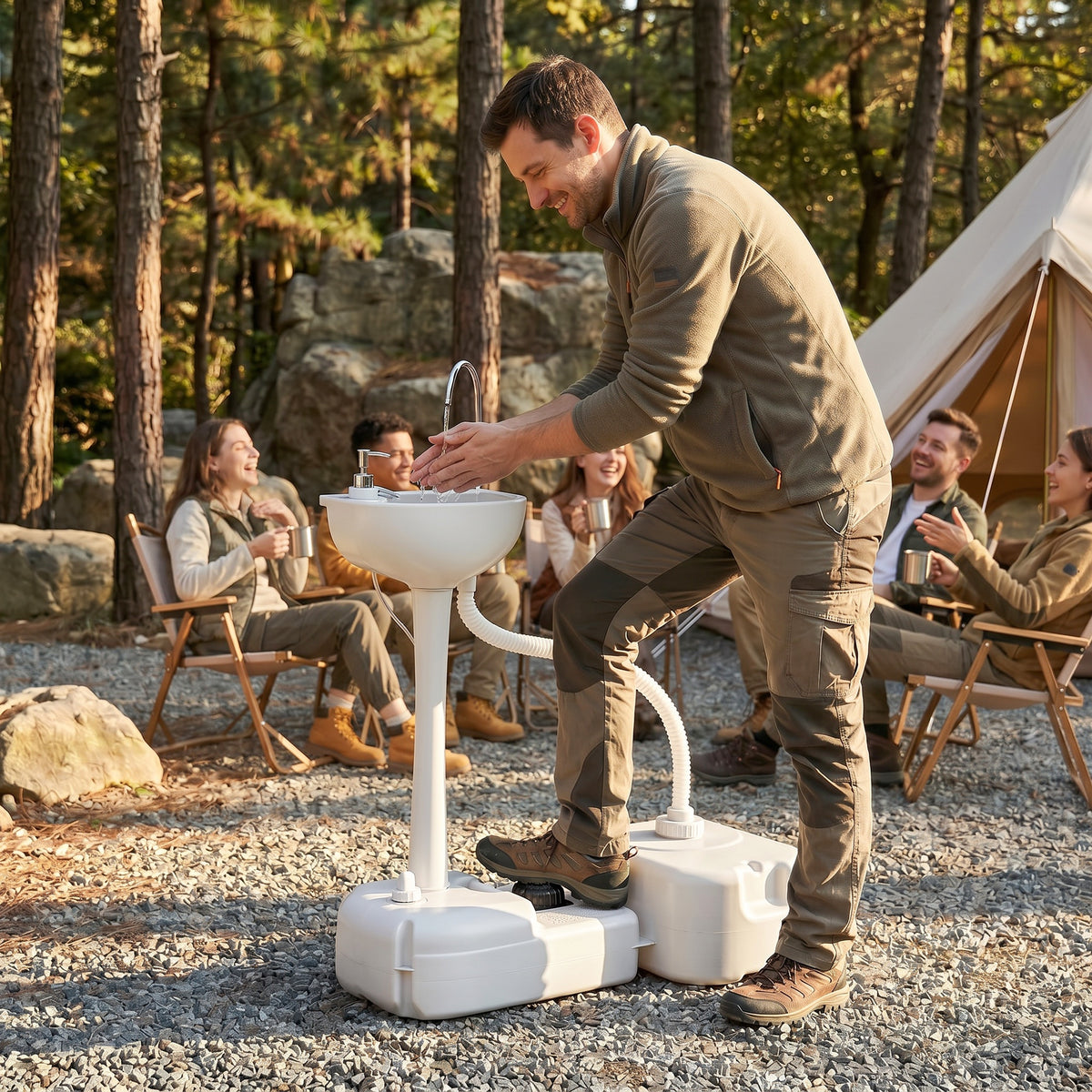 Portable Camping Sink with Running Water and Wastewater Tank, Hand Wash Basin with Rolling Wheels, Foot Pump, Soap Dispenser for Outdoor Events, Gatherings, Picnic