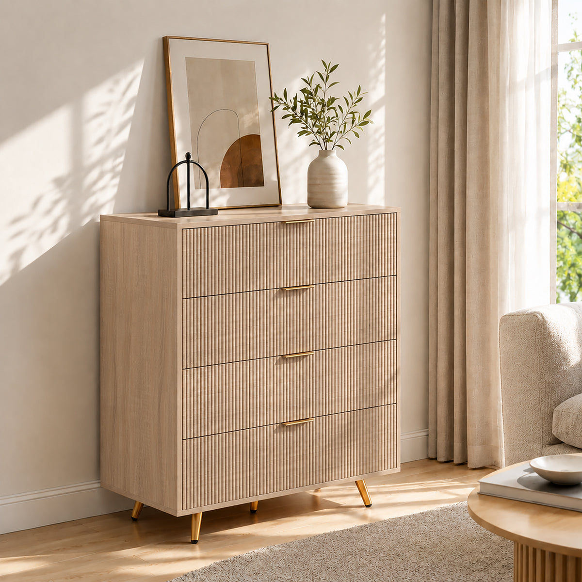 Bedroom Chest of Drawers with 4 Drawers, Fluted Dresser with Gold Tone Handles, Storage Cabinet, Natural