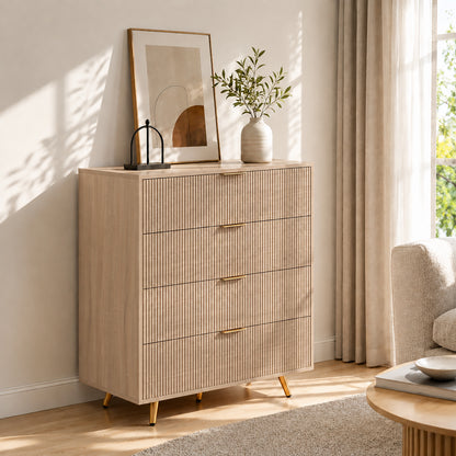 Bedroom Chest of Drawers with 4 Drawers, Fluted Dresser with Gold Tone Handles, Storage Cabinet, Natural