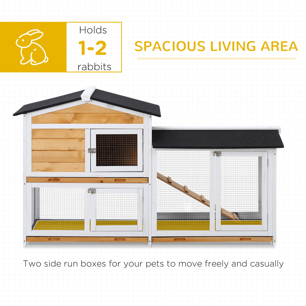 2 Tier Rabbit Hutch with No-leak Plastic Trays Wooden Guinea Pig Hutch with Run, Yellow