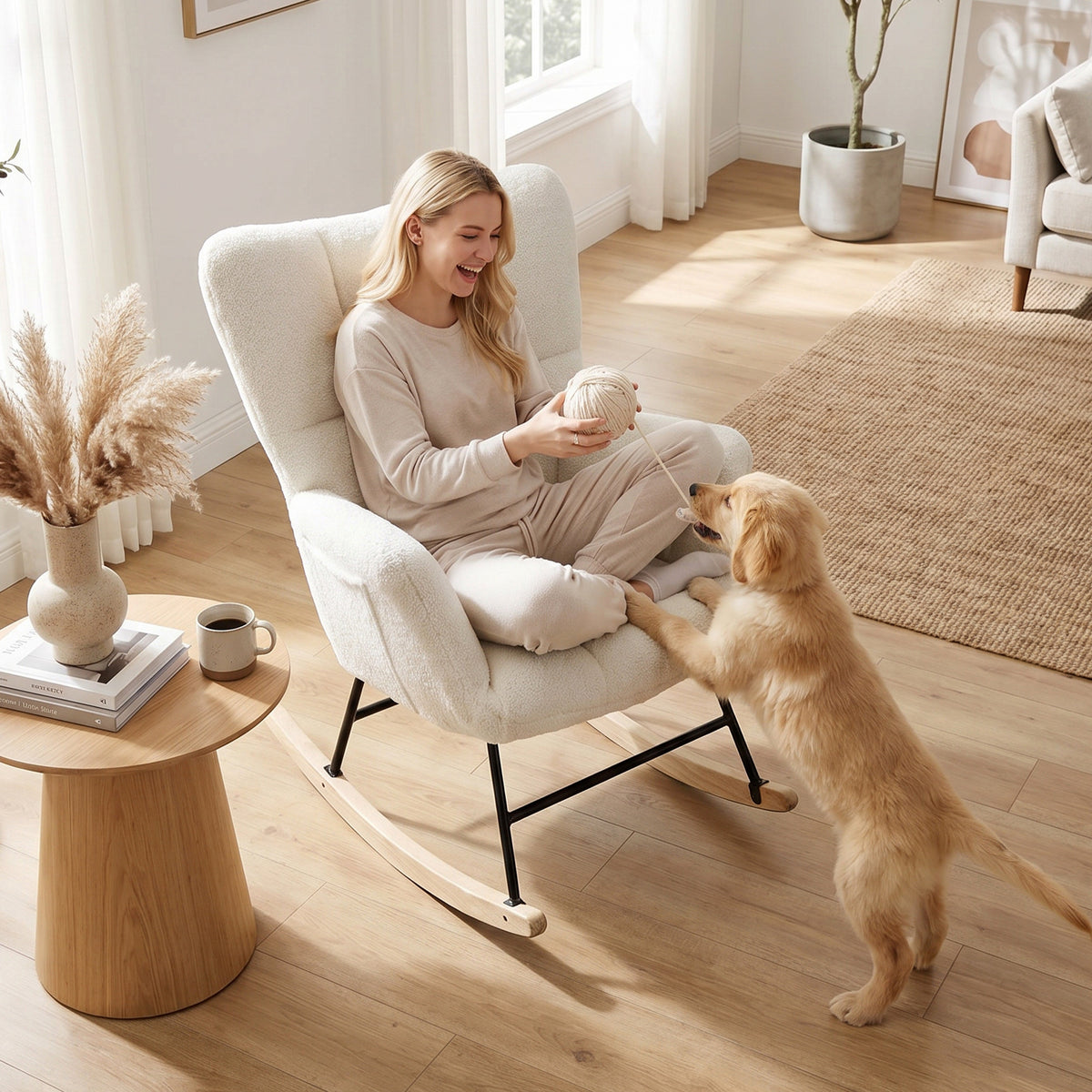 Rocking Chair, Teddy Fleece Rocker Chair with Tufted Wingback, Side Pockets, Rubber Wood Legs