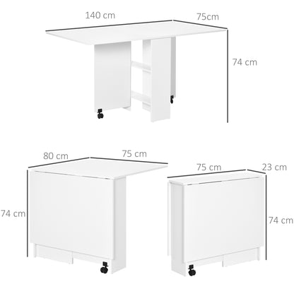 Folding Dining Table, Drop Leaf Table with 2-Tier Shelves, Rolling Casters, for Small Spaces, Kitchen, White