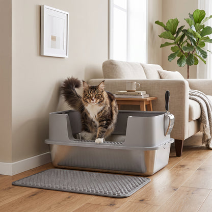 High Sided Stainless Steel Litter Box, Metal Cat Litter Tray with Metal Scoop, Litter Mat, Never Absorbs Odors, Grey