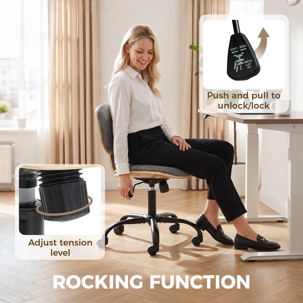 Home Office Desk Chair Rocking Function Ergonomic Swivel Chair with PU Wheels