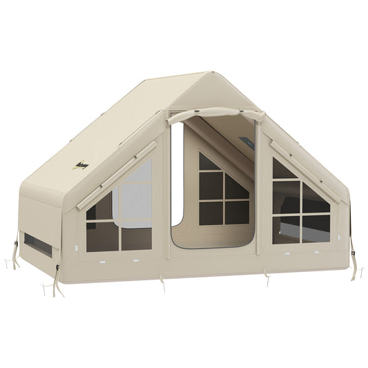 Inflatable Camping Tent with Pump, Stove Jack Hole, Easy Setup 2-4 Person Family Blow Up Tent, Waterproof Glamping Luxury Inflatable Tent, Mesh Windows, Doors, Hook, Carry Bag, Beige