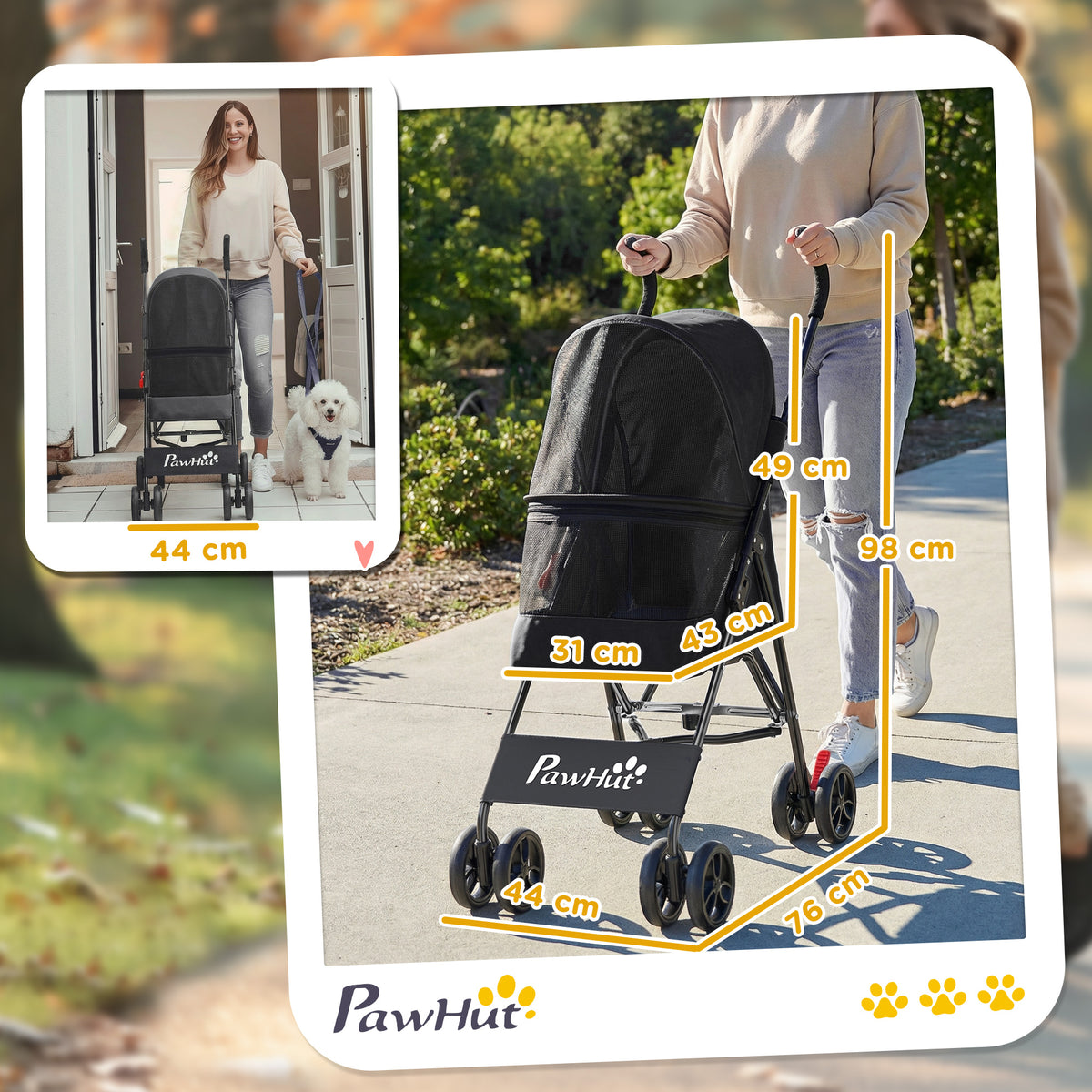 Dog Stroller, Foldable Cat Dog Pram for Miniature Breeds, Pet Stroller with Brake, Mesh Windows