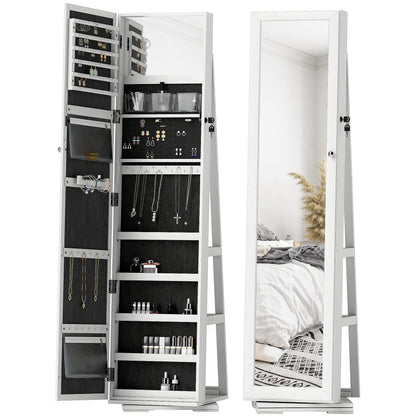 360° Swivel Jewellery Cabinet, Free Standing Full Length Mirror with Storage, Lockable Jewellery Organiser with Built-in Makeup Mirror and Storage Shelves for Bedroom