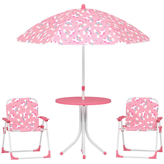 Kids Patio Table and Chair Set, Kids Garden Furniture with Umbrella, 4-Piece Bistro Set for Garden, Pink