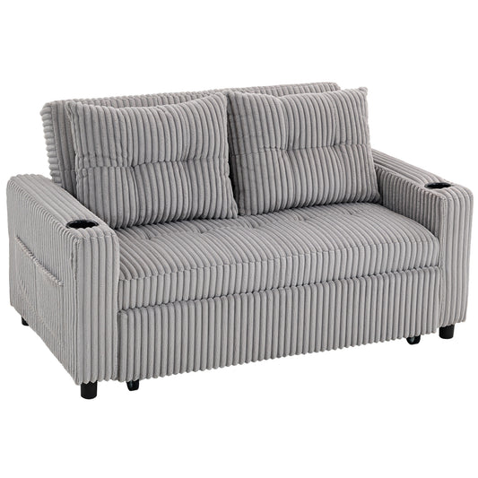 2 Seater Click Clack Sofa Bed with Pull Out Design, Corduroy Upholstery - Light Grey