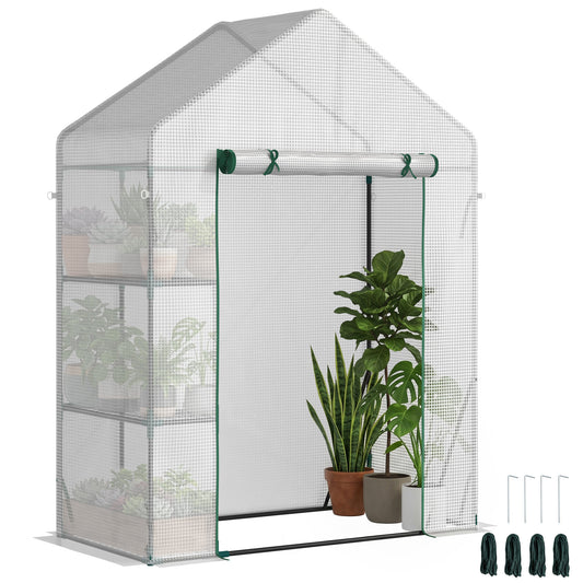 Walk In Greenhouse with 2 Tier Shelf, Portable Gardening Plant Grow House Tomato Greenhouse with Roll up Zip Panel Door, Reinforced PE Cover, 143 x 73 x 195cm, Green