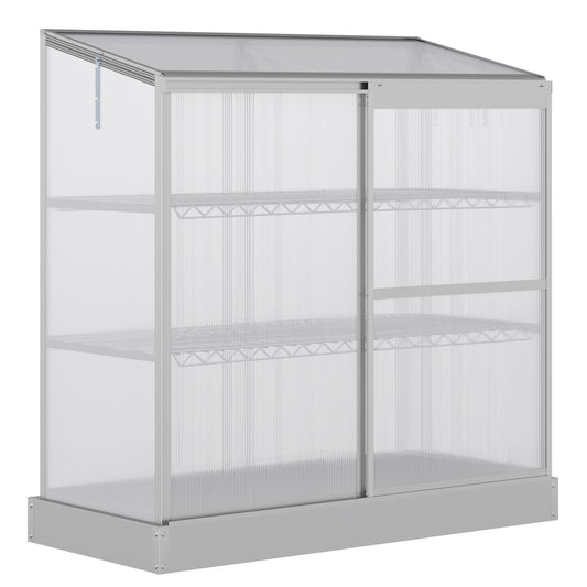 3 Tier Greenhouse Garden Outdoor Cold Frame Plant Flower Growth Transparent Polycarbonate Board Openable Roof Sliding Door w/ Foundation 131L x 58W x 140H cm