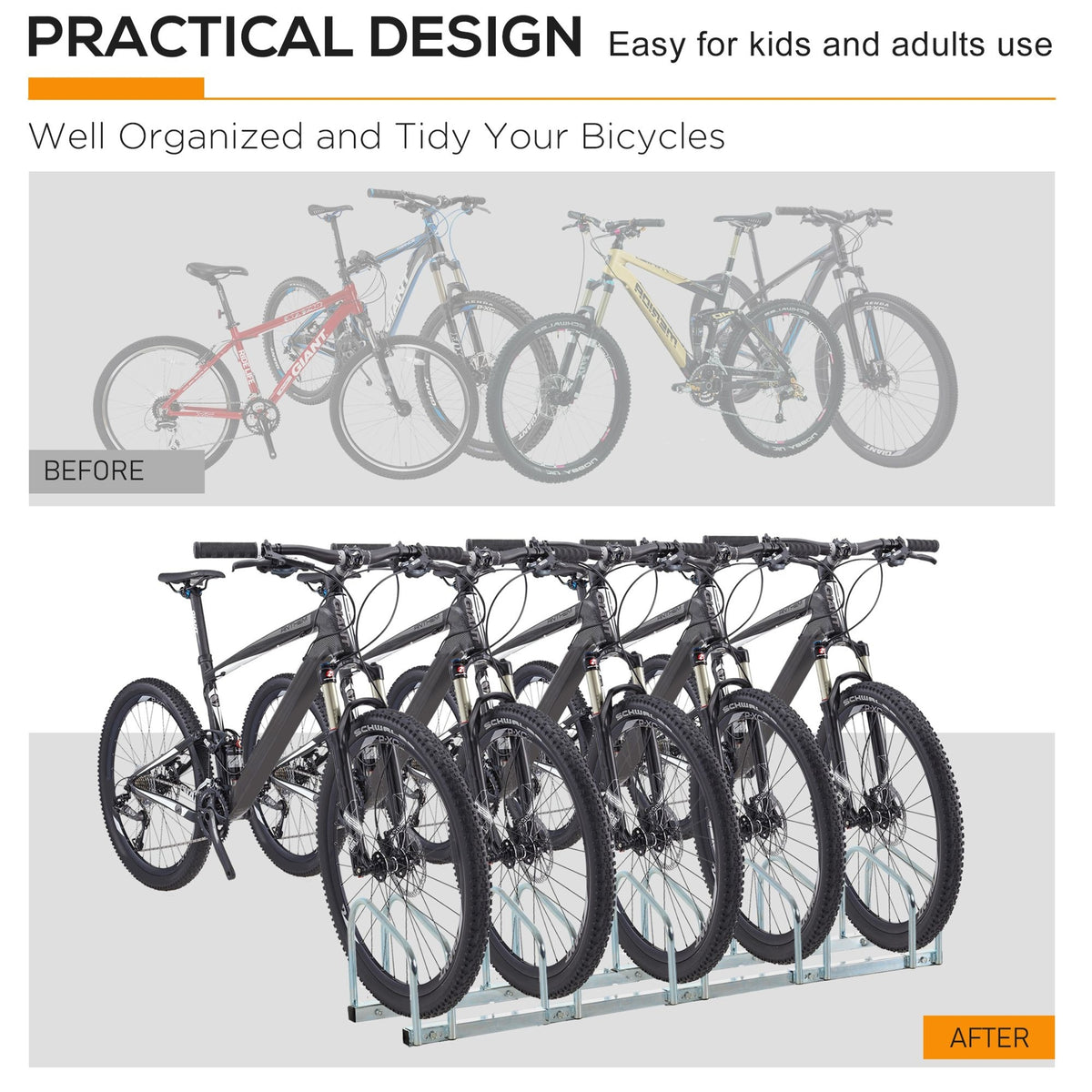 Bike Stand Parking Rack Floor or Wall Mount Bicycle Cycle Storage Locking Stand 145W x 33D x 27H (5 Racks, Silver)