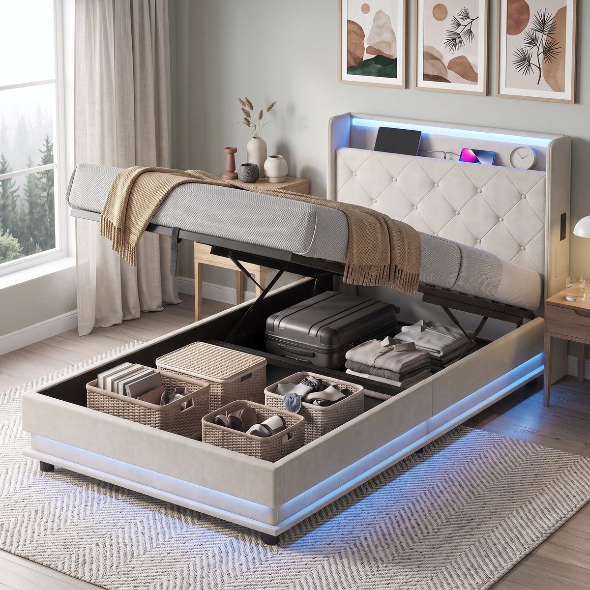 3ft Single Bed Frame with Headboard, Platform Bed Frame with Hydraulic Storage, LED Lights and Charging Station, White