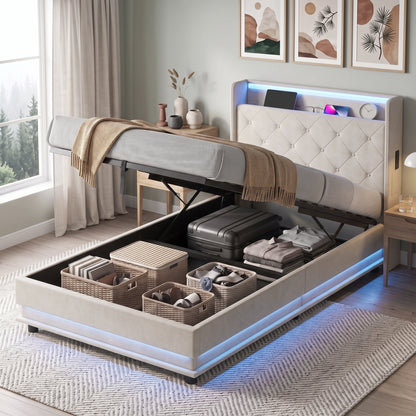 3ft Single Bed Frame with Headboard, Platform Bed Frame with Hydraulic Storage, LED Lights and Charging Station, White