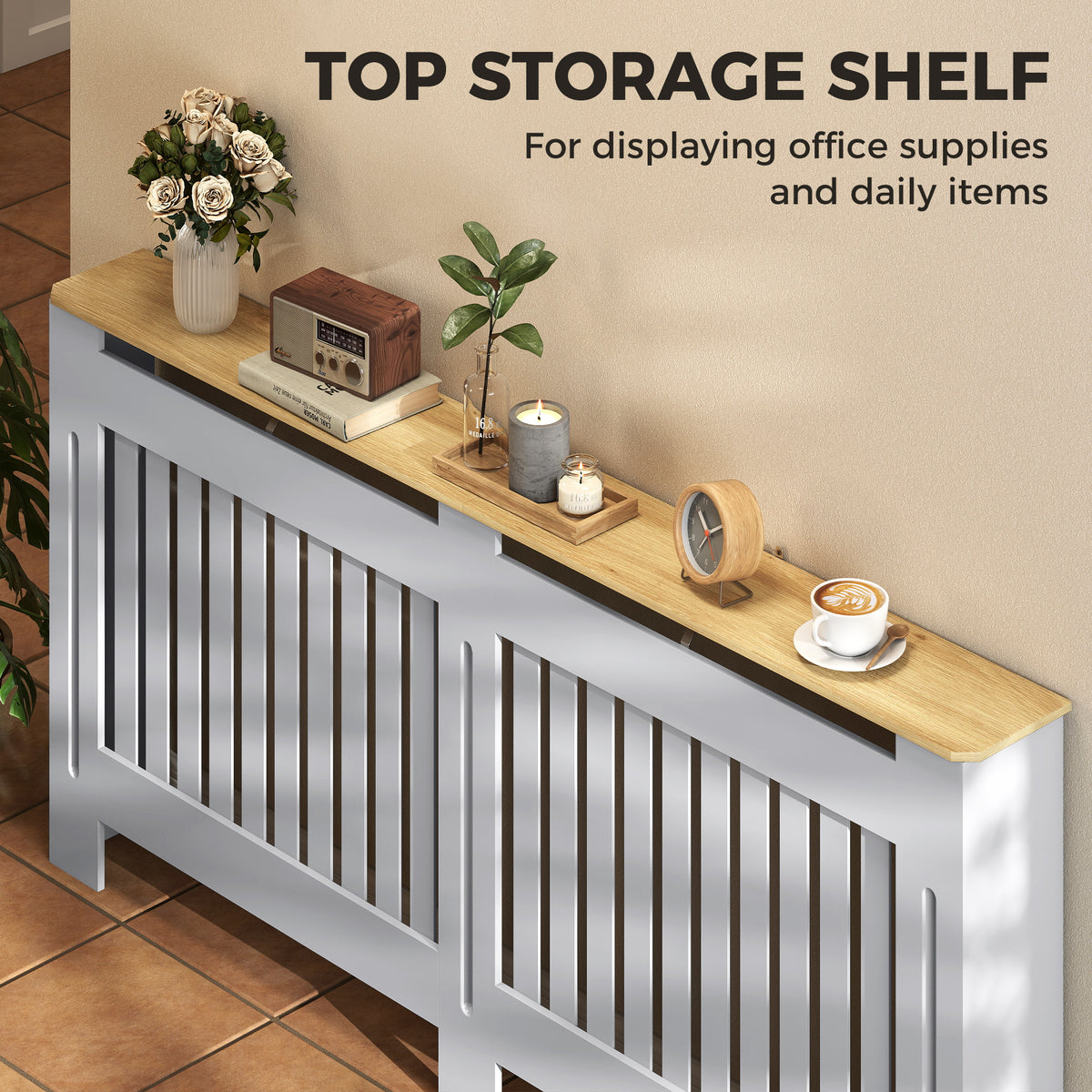 Slatted Radiator Cover, Painted Cabinet with Line Grill Design, 172W × 19D × 81H cm, Grey