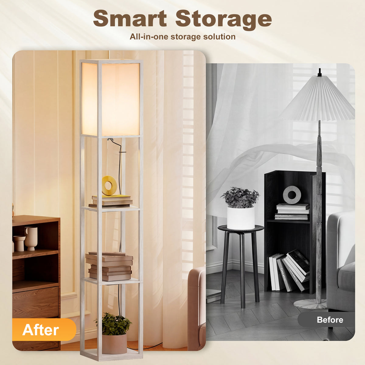 3-Tier Floor Lamp with Shelves and Storage, Modern Corner Standing Lamp with Lampshade, Foot Switch for Living Room, Bedroom, Home Office, Bulb not Included, White
