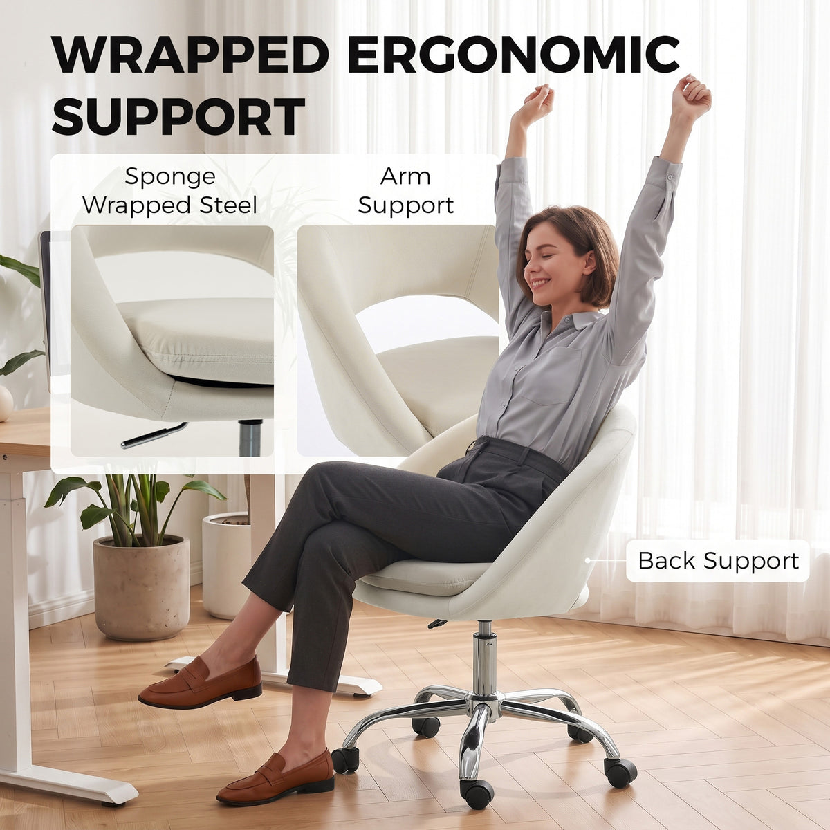 Velvet Desk Chair, Modern Office Chair with Height-Adjustable, Wheels, for Home Study Bedroom
