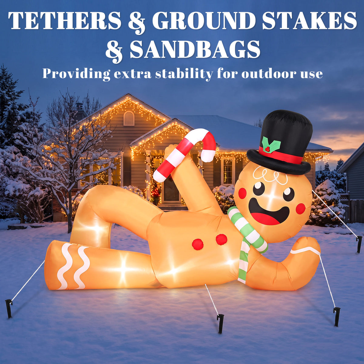 9.8ft Giant Christmas Inflatable Gingerbread Man Side-Lying, Outdoor Blow Up Christmas Decoration with LEDs, Bag