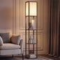 3-Tier Floor Lamp with Shelves and Storage, Modern Corner Standing Lamp with Lampshade, Foot Switch for Living Room, Bedroom, Home Office, Bulb not Included, Brown