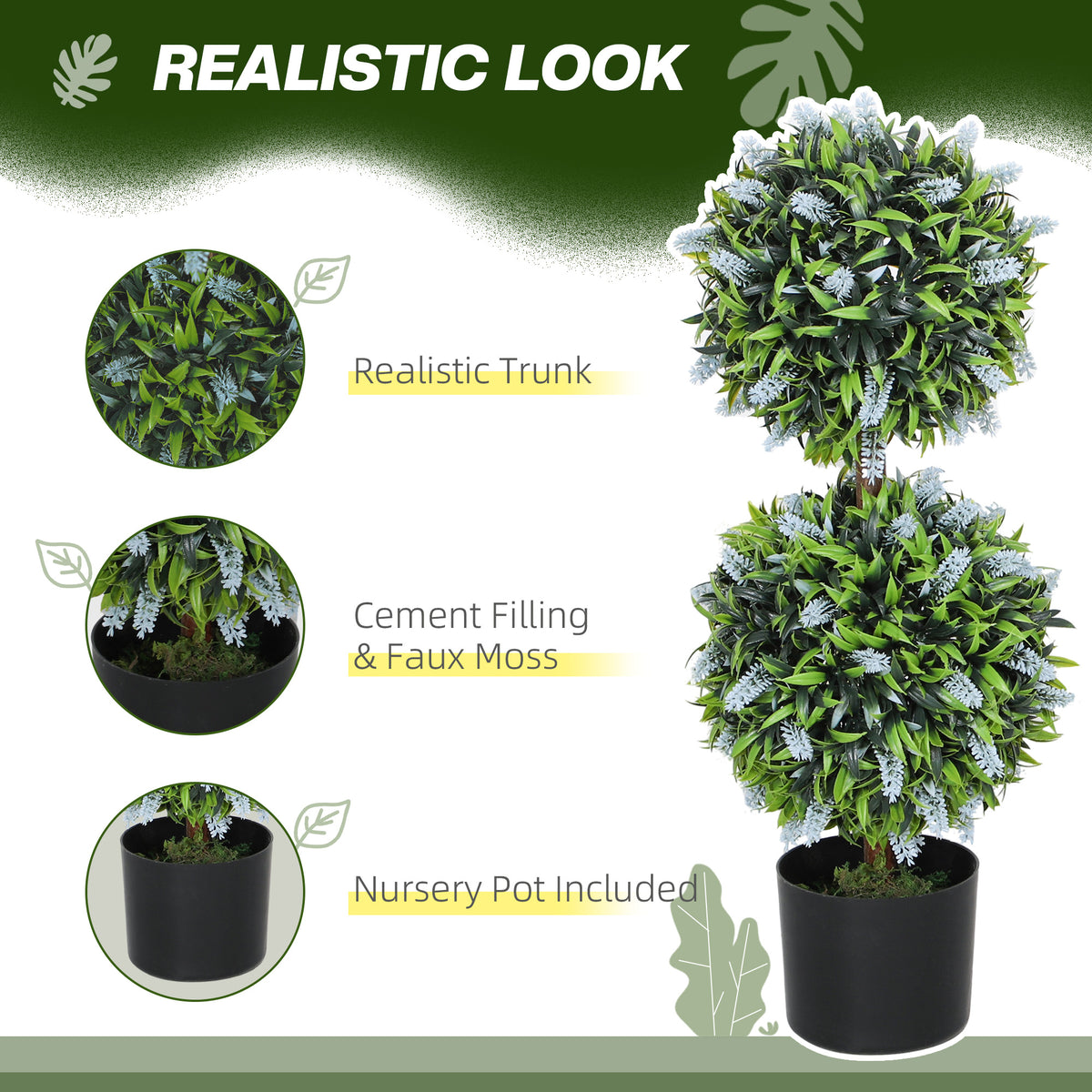 Set of 2 Artificial Plants, Lavender Flowers Ball Trees with Pot, for Home Indoor Outdoor Decor, 70cm