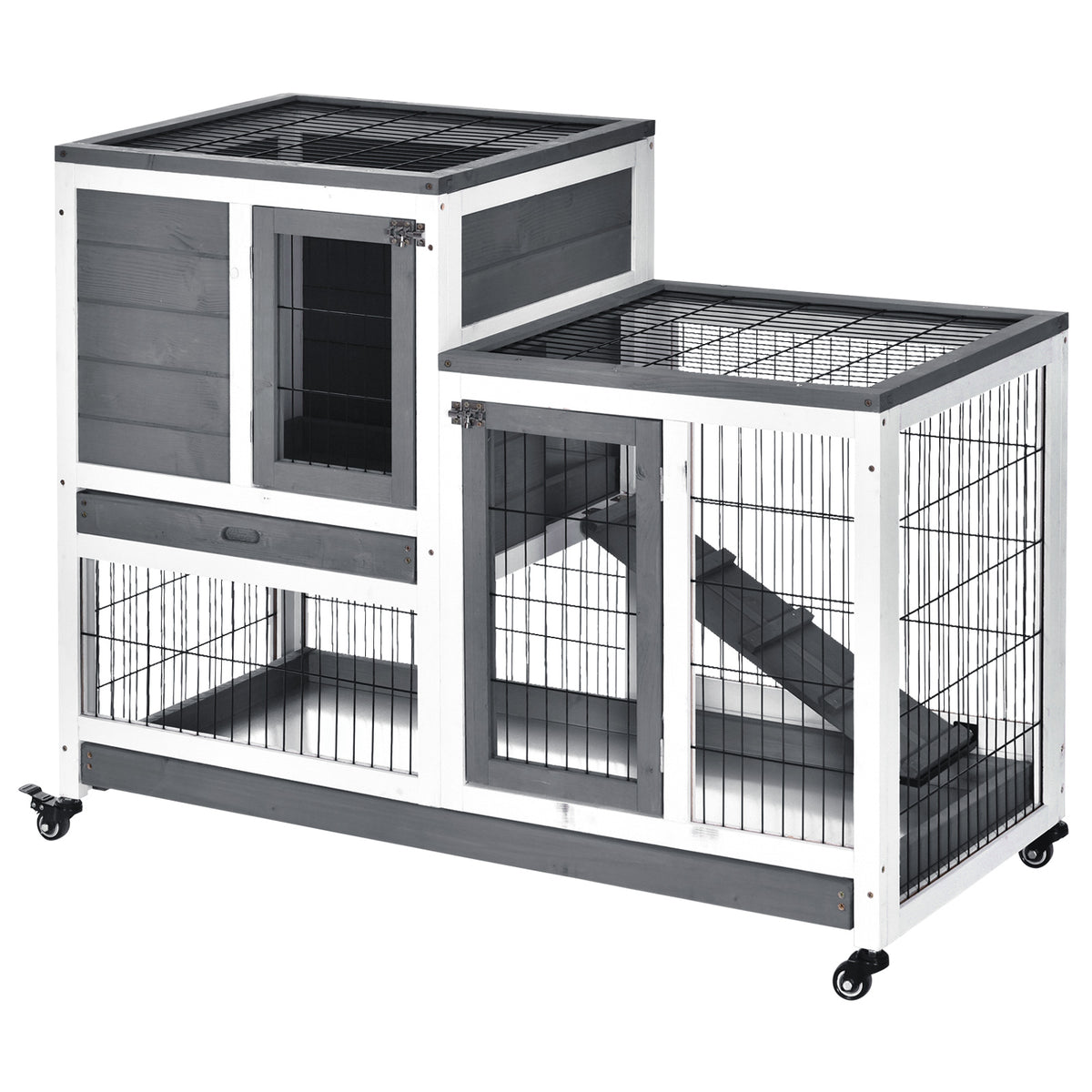 Wooden Indoor Rabbit Hutch Guinea Pig House Bunny Small Animal Cage W/ Wheels Enclosed Run 110 x 50 x 88 cm