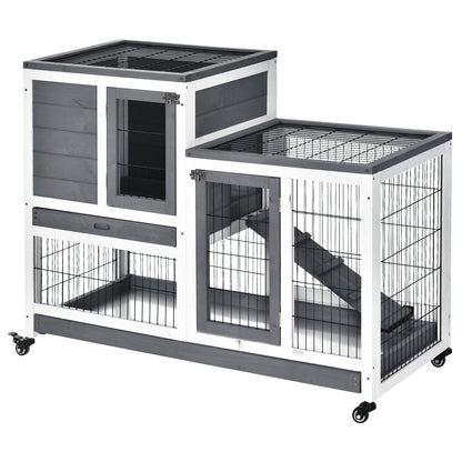 Wooden Indoor Rabbit Hutch Guinea Pig House Bunny Small Animal Cage W/ Wheels Enclosed Run 110 x 50 x 88 cm