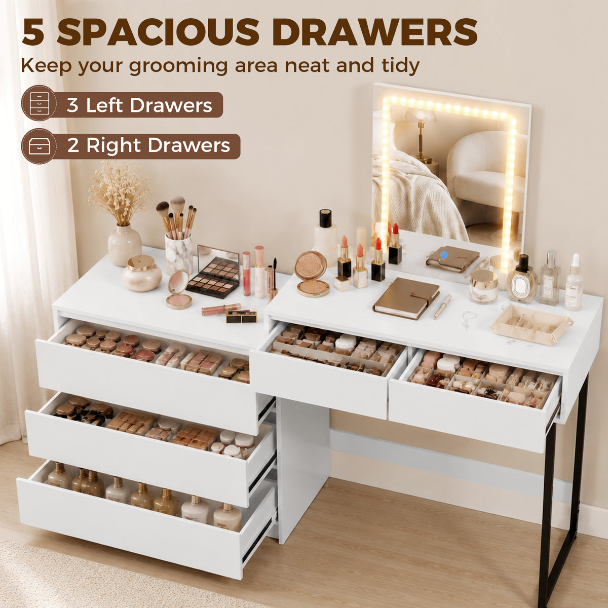 Vanity Makeup Desk LED Mirror Dressing Table Large Storage 5 Drawers White