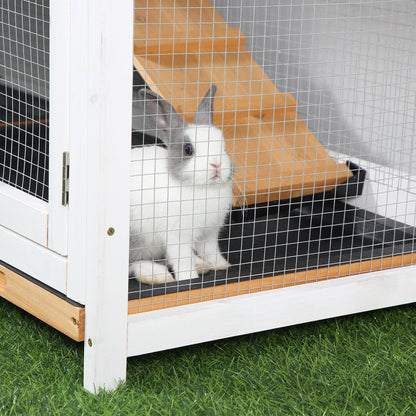 2 Tier Rabbit Hutch with No-leak Plastic Trays Wooden Guinea Pig Hutch with Run, Yellow