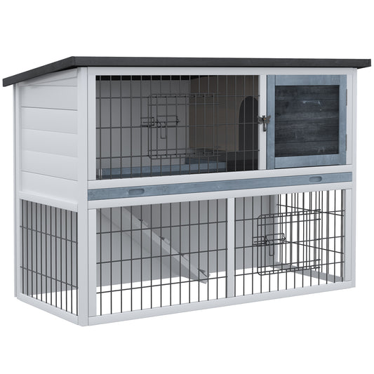 2-Tier Wooden Rabbit Hutch Guinea Pig House Bunny Cage Backyard w/ Openable Roof Small Animal House for Outdoor Grey, 108 x 45 x 78 cm