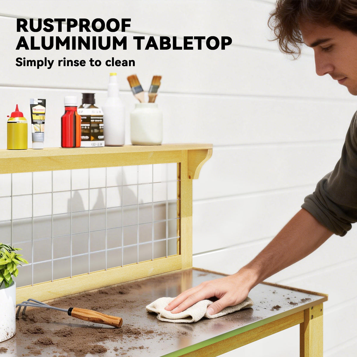 Wooden Potting Bench Table with Aluminium Worktop, Outdoor Garden Workbench with 2 Shelves