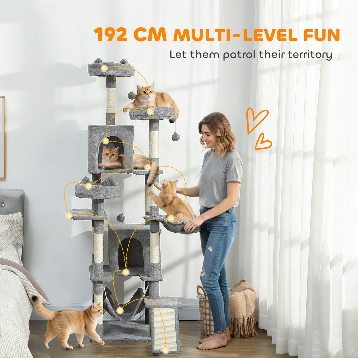 Cat Tree, 192 cm Large Multi-Level Cat Tower for Indoor Kittens with 8 Scratching Posts, 3 Plush Beds, 2 Hammocks