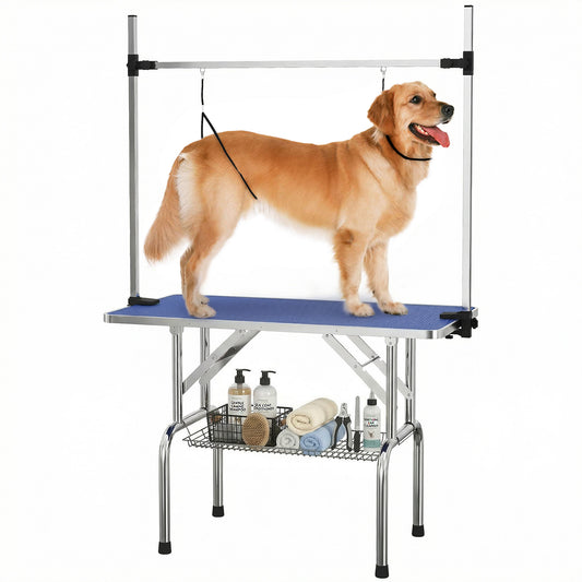 42" Dog Grooming Table, Adjustable Pet Cat Drying Beauty Table with 2 Loops Storage Basket, Rubber Top, Blue