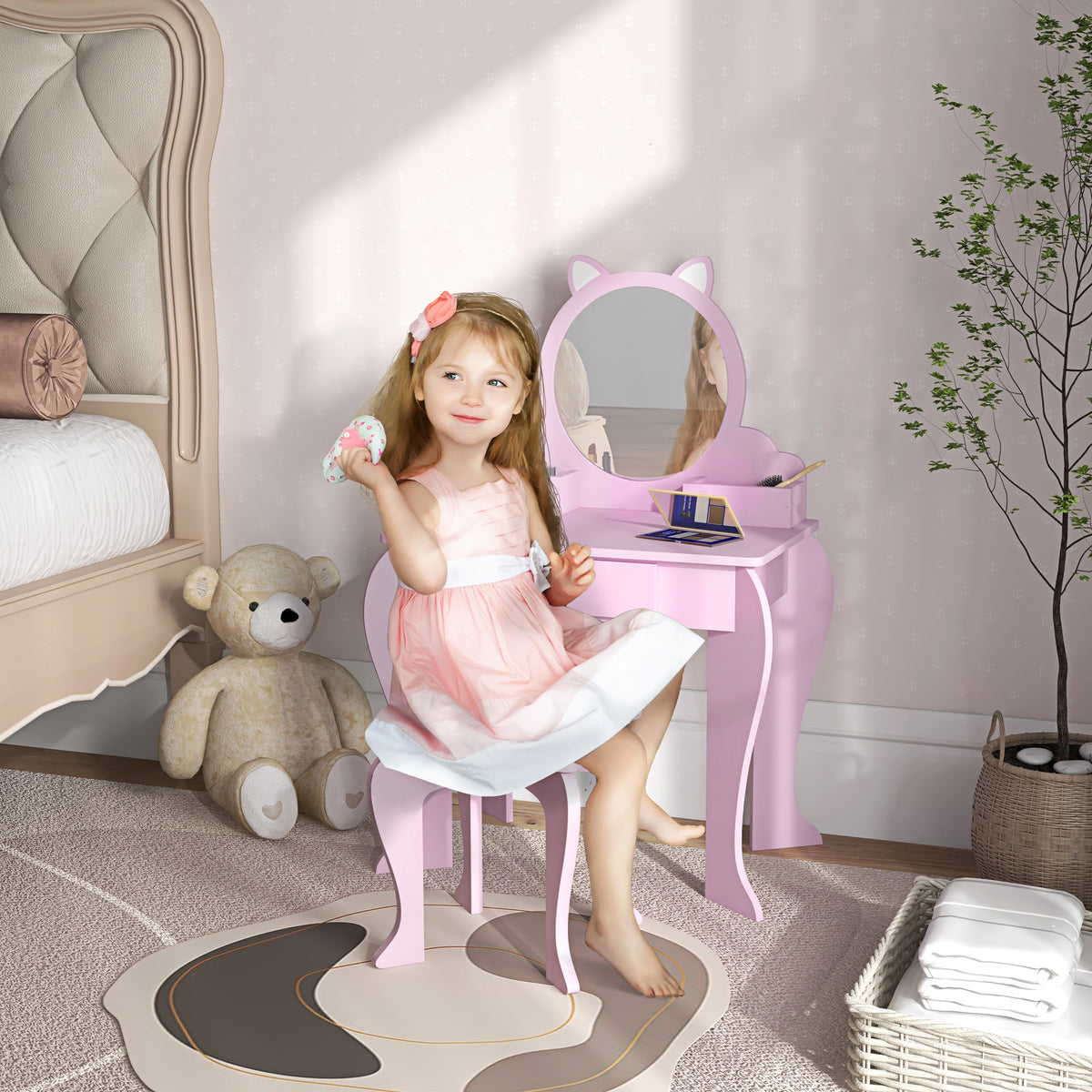 Kids Vanity Table with Mirror, Stool, Drawer, Storage Boxes, Cat Design, for Ages 3-6 Years - Pink
