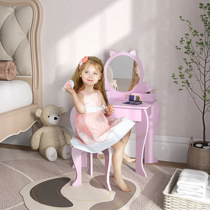 Kids Vanity Table with Mirror, Stool, Drawer, Storage Boxes, Cat Design, for Ages 3-6 Years - Pink