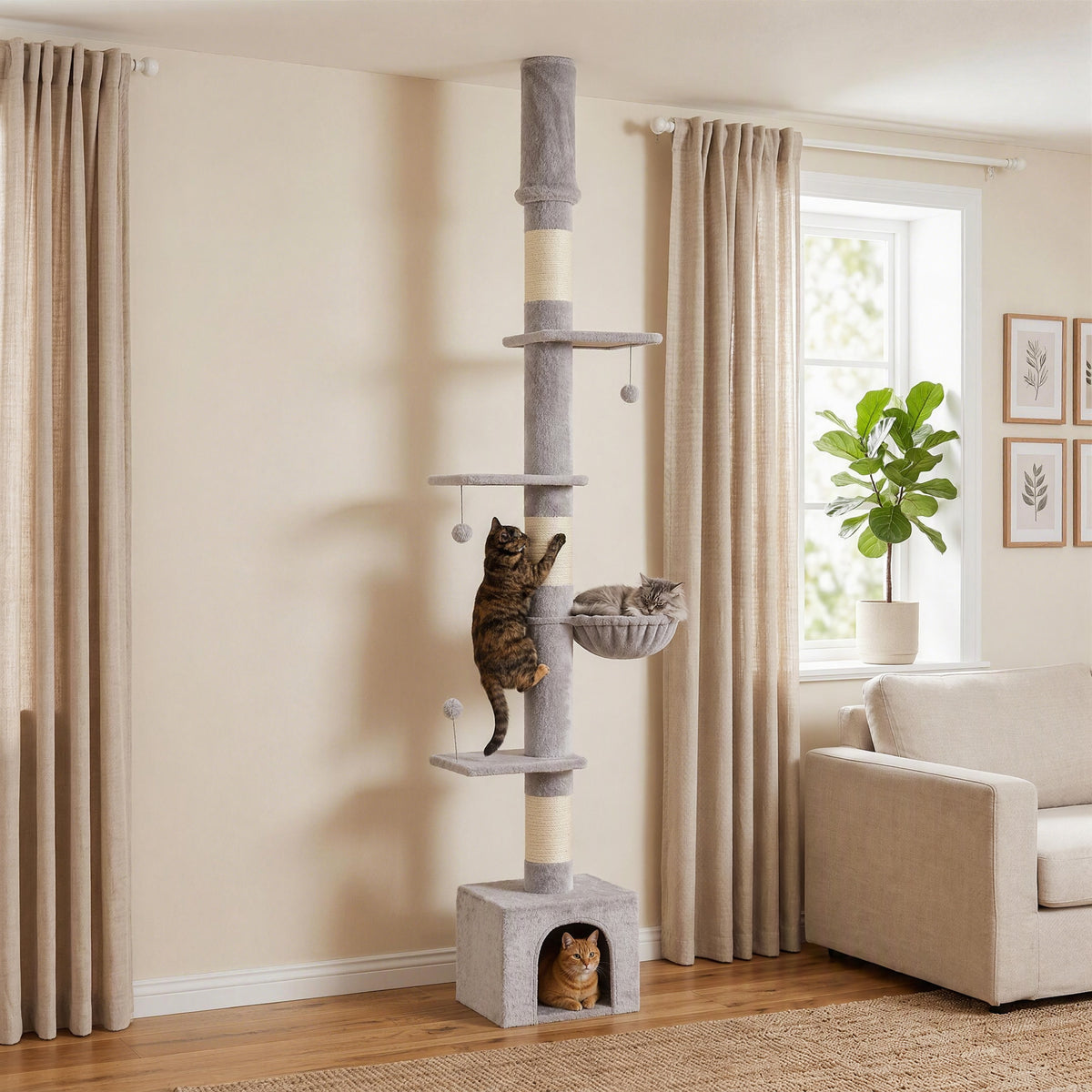 Floor to Ceiling Cat Tree, 230-250cm Multi-Level Cat Tower with Adjustable Height, Scratching Posts, Condo, Platforms
