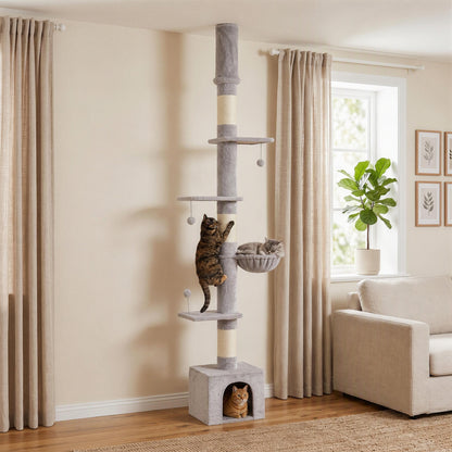 Floor to Ceiling Cat Tree, 230-250cm Multi-Level Cat Tower with Adjustable Height, Scratching Posts, Condo, Platforms