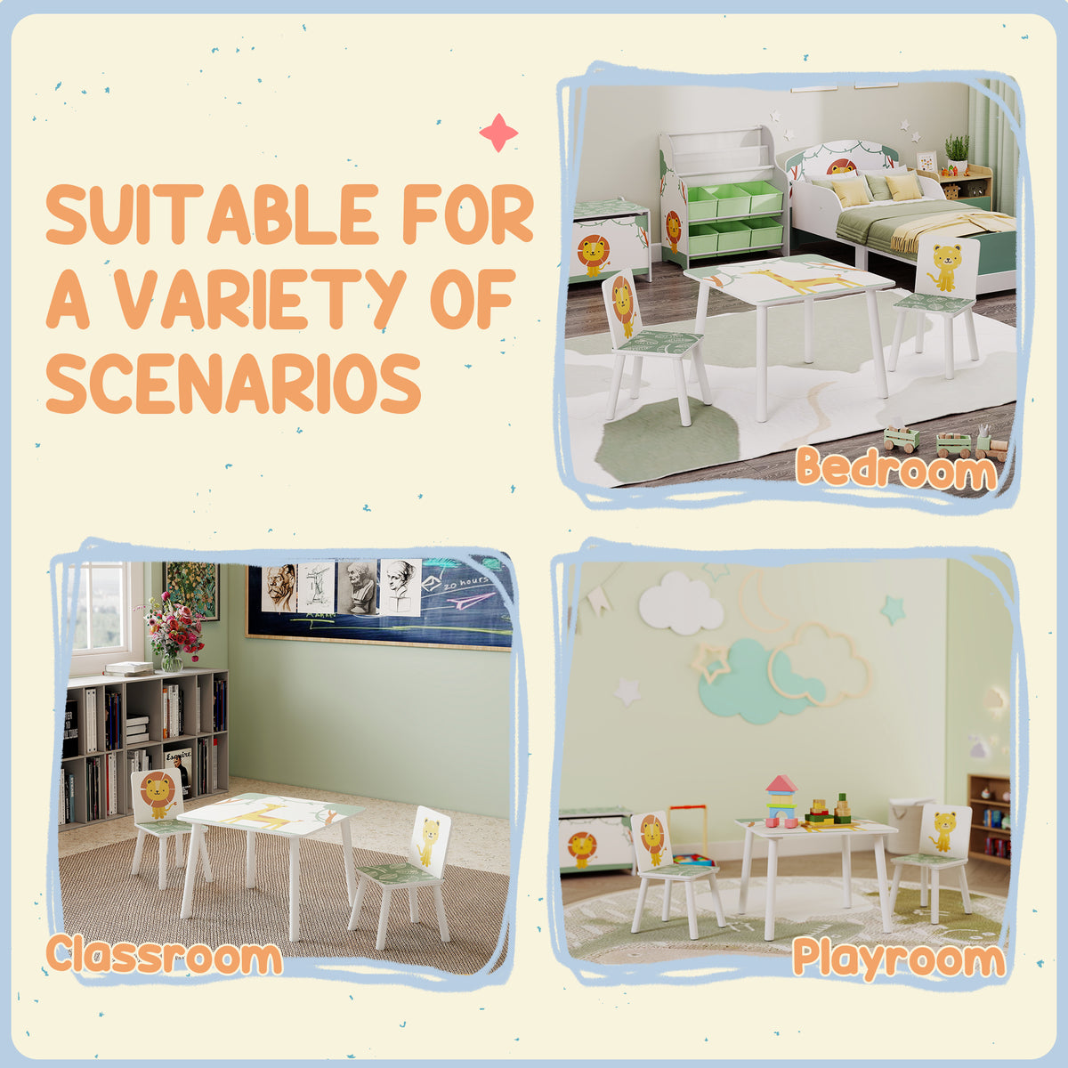 3-Piece Toddler Table and Chair Set, Kids Table with 2 Chairs Set for Bedroom, Nursery, Playroom