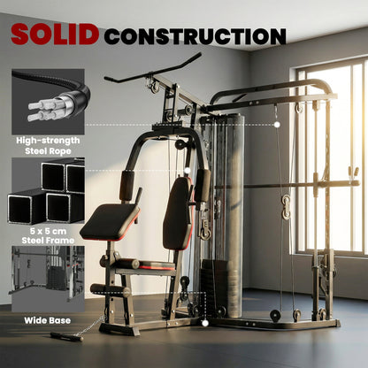 Home Multi Gym Smith Machine with 65kg Weight Stack, Cable Pulley System, Chest Station, Preacher Pad & Leg Developer