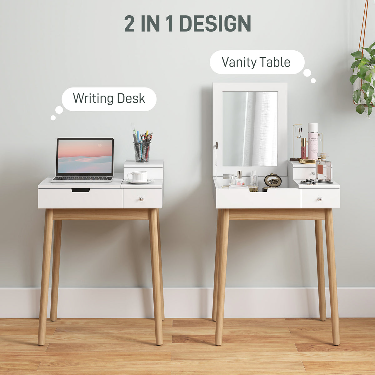 Dressing Table with Flip-up Mirror, Makeup Desk with 2 Drawers and Pine Wood Legs, Vanity Table Writing Desk for Bedroom Living Room