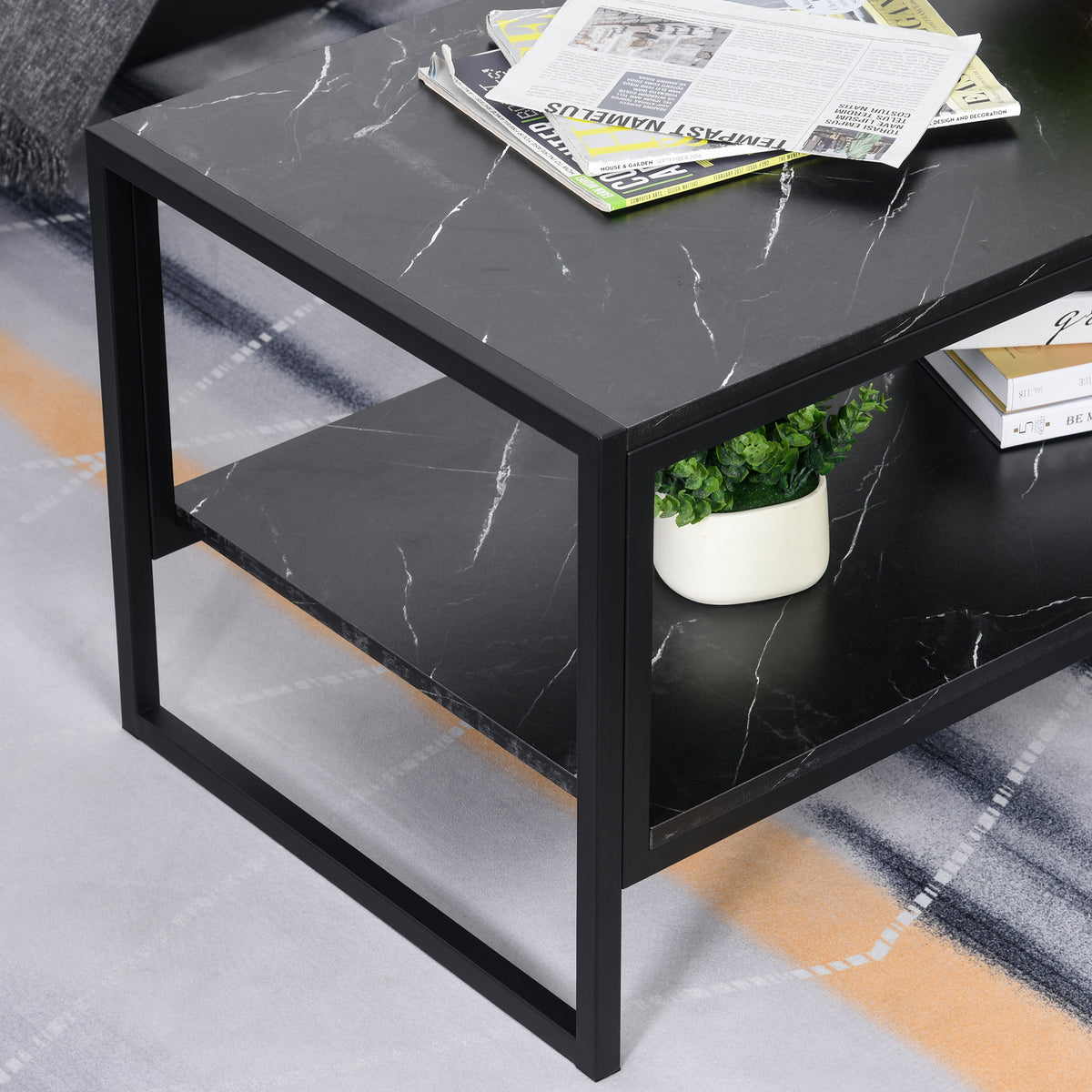 Coffee Table, Two-Tier Faux Marble Effect Centre Table with Metal Frame and Storage Shelf for Living Room, 106 x 50 x 45cm, Black