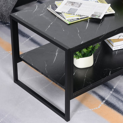Coffee Table, Two-Tier Faux Marble Effect Centre Table with Metal Frame and Storage Shelf for Living Room, 106 x 50 x 45cm, Black