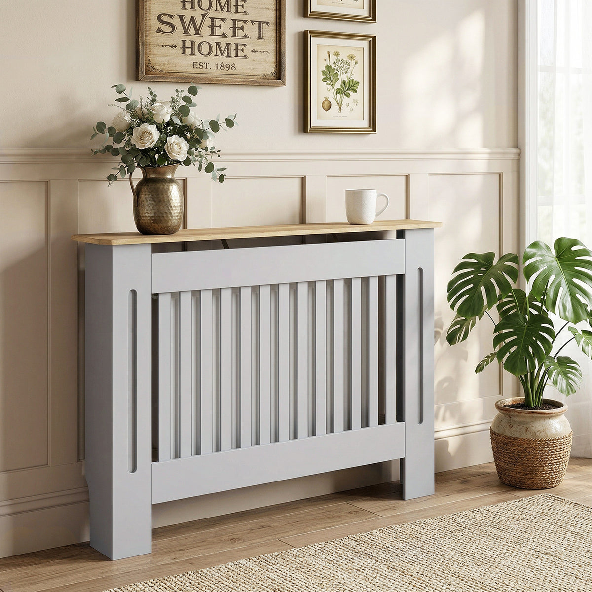 Slatted Radiator Cover, Painted Cabinet with Line Grill Design, 112W × 19D × 81H cm, Grey