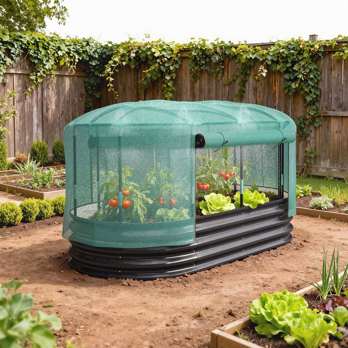 Galvanised Raised Garden Bed Kit with Self Watering System and Mesh Cover, Garden Boxes, 6x3Ft, Dark Grey and Green