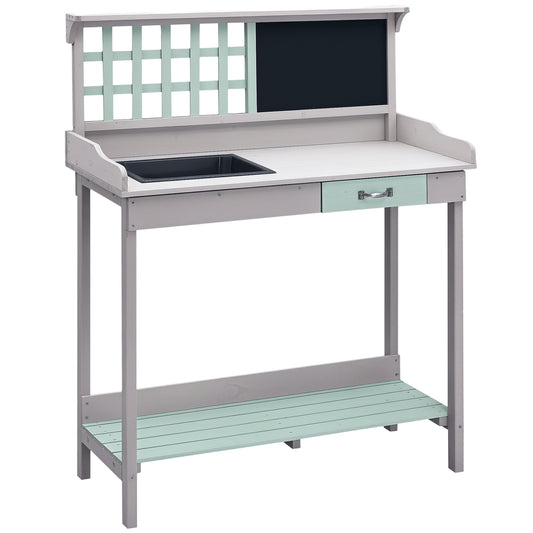 Garden Potting Table with Sink, Blackboard and Drawer, Wooden Planting Work Bench Workstation Outdoor Tool Storage Shelves