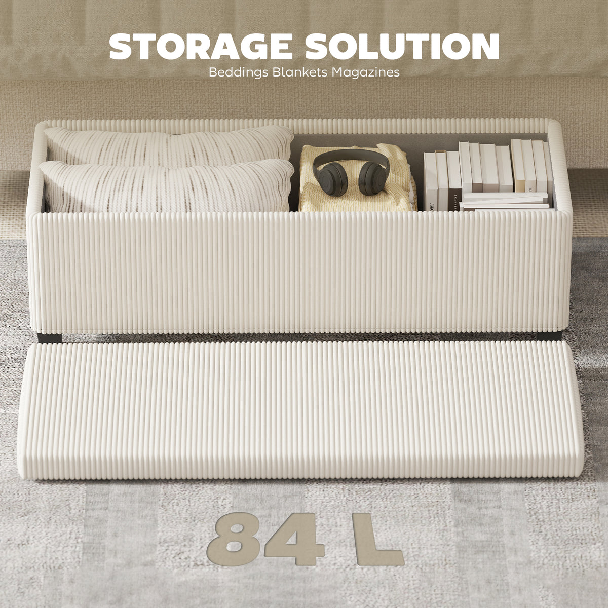 Storage Ottoman Bench, Corduroy Storage Chest Box with Wooden Legs, 112cm Bed End Bench for Living Room, Bedroom, Entryway, Hallway