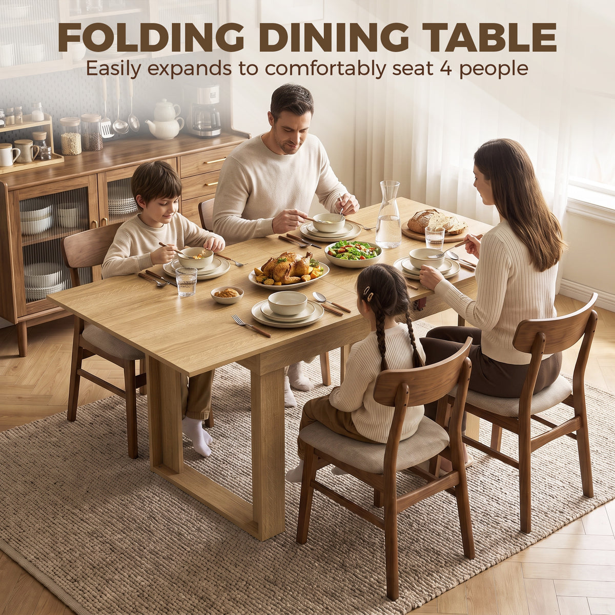 Folding Dining Table Under-Table Storage Extendable Kitchen Table Steel Rail Oak Effect