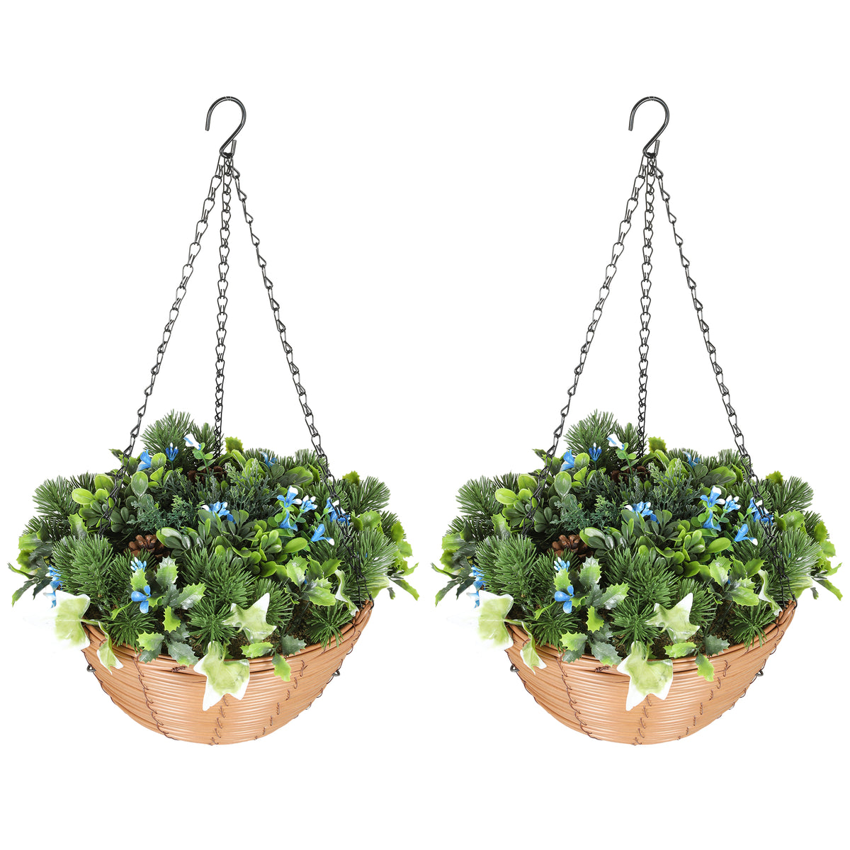 Pack of 2 Faux Plant Artificial Lisianthus Flowers, Hanging Planters with Basket, PE Leaves, 18 Flowers and 3 Pinecones, Decorative Faux Plants for Home Office Decor, Green